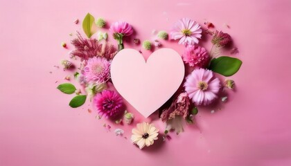Heart-Shaped Pink Card Surrounded by Vibrant Pink, Magenta, and White Gerbera Daisies on a Soft Pastel Pink Background: Perfect for Mother’s Day, Valentine’s Day, or Spring Themed Holiday Greetings