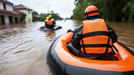 Flood Management and Mitigation Concept, Rescue Workers Navigating Flooded Streets in Inflatable Boats During Emergency Operations