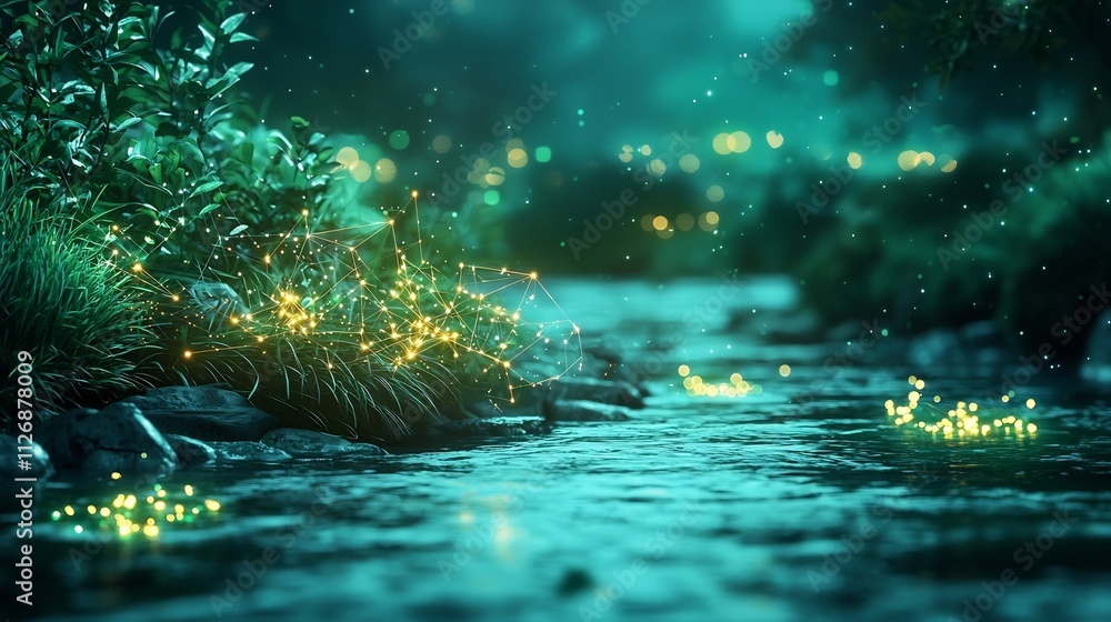 Poster a photograph of a river with floating water sensors connected to a glowing digital network overlay s
