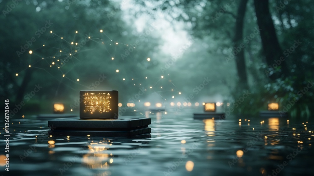 Poster aerial photograph of a river with floating water sensors connected to a glowing digital network over