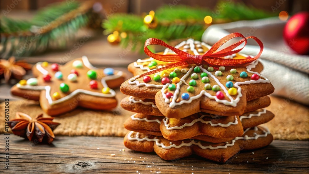 Poster Stack of Gingerbread Cookies Decorated with Colorful Sprinkles and a Red Bow on a Rustic Wooden Table