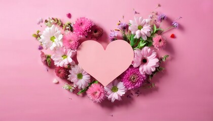 Heart-Shaped Pink Card Surrounded by Vibrant Pink, Magenta, and White Gerbera Daisies on a Soft Pastel Pink Background: Perfect for Mother’s Day, Valentine’s Day, or Spring Themed Holiday Greetings