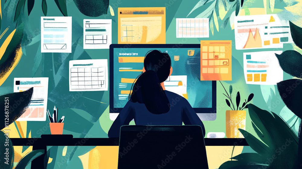 Poster illustration of a freelancer managing multiple projects, with task lists, calendar icons, and projec