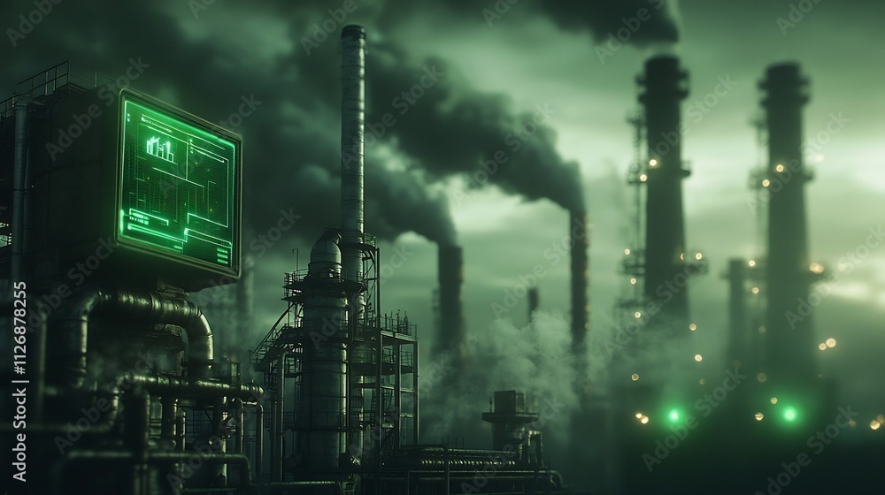 Poster holographic overlay displaying real time air pollution data from connected monitors in an industrial