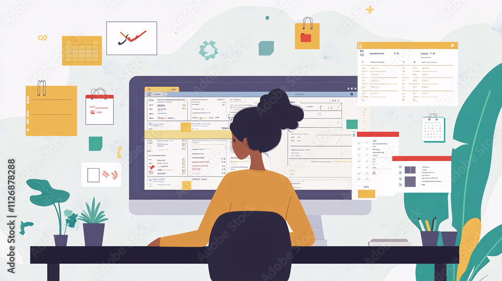 Poster illustration of a freelancer managing multiple projects, with task lists, calendar icons, and projec