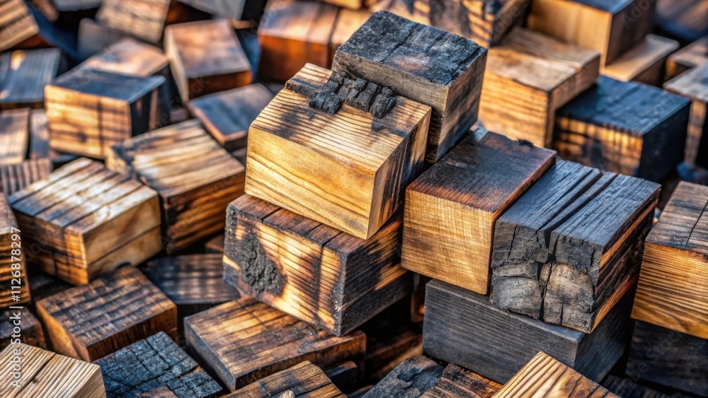 Aufkleber A chaotic arrangement of wooden blocks, some burned black, others retaining their natural wood color, creating an abstract pattern of textures and shapes.