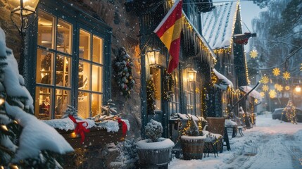 Fototapeta premium A cozy Christmas street scene with snow-covered windows