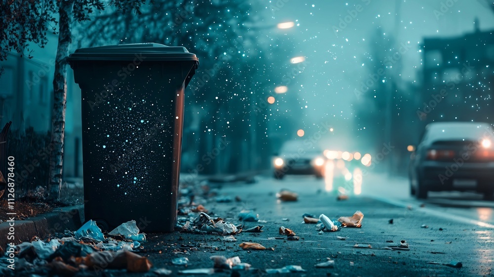 Poster smart waste management bin equipped with sensors and connected to a digital network visualized with 