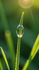 dew drops on a grass, Sunlight illuminating dew on green grass in a serene forest