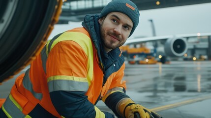 Worker in Safety Gear Smiling at Airport with Airplane in Background on a Cloudy Day, Emphasizing Professionalism and Team Spirit in Aviation Industry