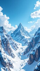 Majestic snow-covered mountain peak under a clear blue sky, Sharp mountain peak with snow and fluffy clouds