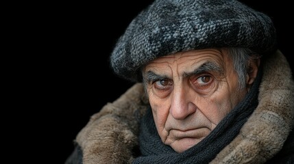 A man with a hat and scarf on a dark background. He looks angry and is staring at the camera