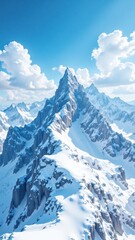 Majestic snow-covered mountain peak under a clear blue sky, Sharp mountain peak with snow and fluffy clouds