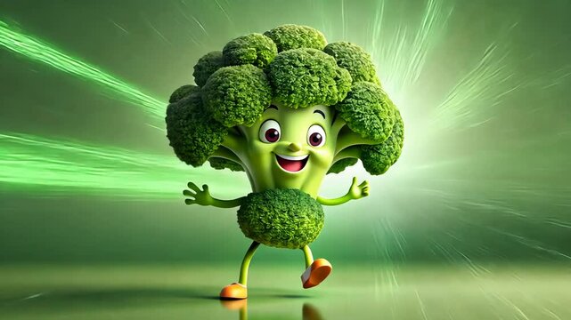Animated dancing broccoli character expressing joy in dynamic green environment