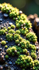 close up of green skin, Close-up of vibrant green moss with dew droplets on a textured surface