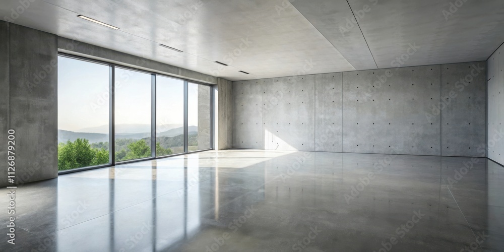 Poster a minimalist interior space with a large window offering a view of lush green trees and distant hill
