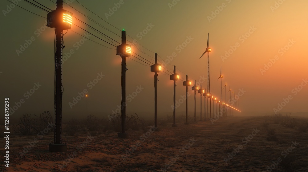 Poster aerial view of a desert wind turbine farm equipped with environmental monitoring sensors visualized 