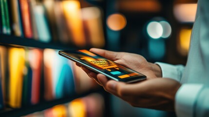 Exploring digital reading trends library setting mobile interaction evening atmosphere close-up view