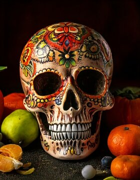  
Mexicam skull whit fruits, generated IA	
