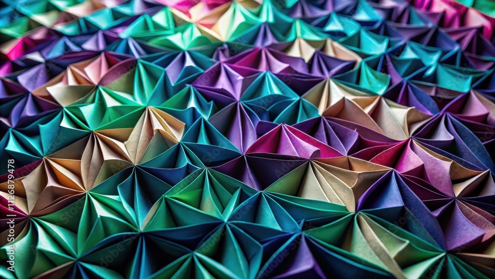 Poster An abstract background featuring a geometric pattern of folded paper, creating a unique and textured surface with a vibrant color palette.