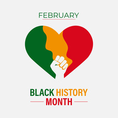 Vector graphic of African-american black history. Human hands holding colorful heart celebrating yellow green colors over black background. Design for cards, prints, social media, poster, flyer.
