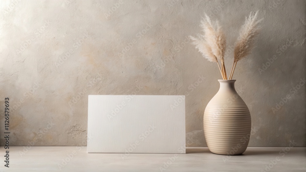 Poster minimalist aesthetic with a blank canvas and dried pampas grass in a ceramic vase on a concrete back