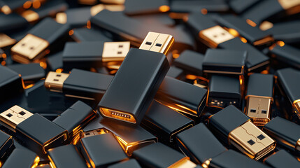 Fototapeta premium single glowing USB drive stands out in pile of black drives