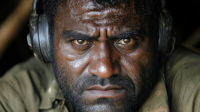 A man with headphones on his head and a serious expression on his face. He looks like he is in a bad mood