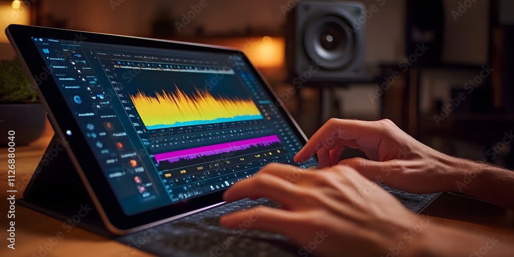 Aufkleber a person editing audio on a tablet with colorful waveform visualizations.