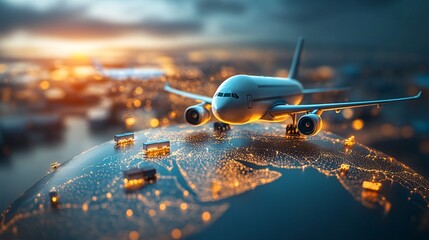 Naklejka premium Global Transportation Network Efficiency - 3D Illustration of Airplanes and Cargo Icons on Glowing Routes Across Continents