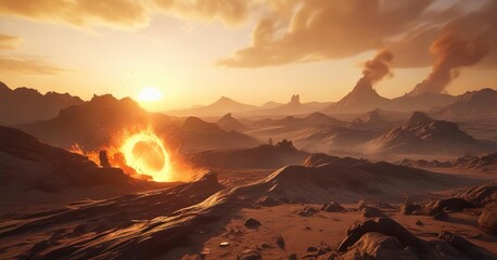 Fototapeta premium A swirling vortex of flames erupts in the distance, engulfing a desolate landscape with intense orange and yellow hues, raging fire, apocalyptic scene, fiery vortex