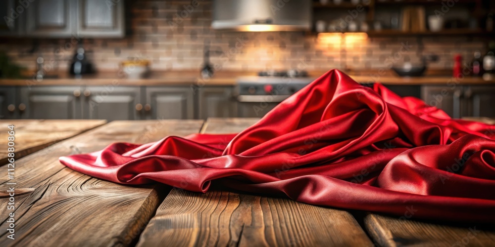 Poster red satin fabric draped over a rustic wooden table in a dimly lit kitchen setting