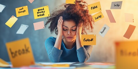 A stressed woman sits at a desk, surrounded by colorful sticky notes with tasks and doubts, representing imposter syndrome and work pressure, home office, selective focus

