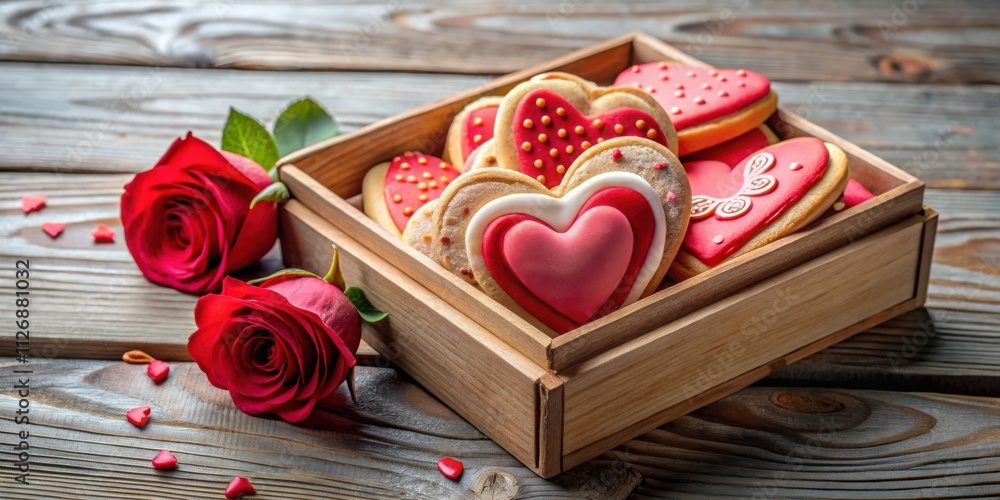 Poster a rustic wooden box overflowing with heart-shaped cookies, adorned with sprinkles and delicate frost