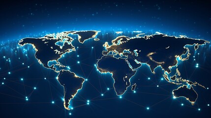 Glowing Global Logistics Network - 3D Render of World Map with Blue Connection Lines and Major Cities Linked, Minimalist Background
