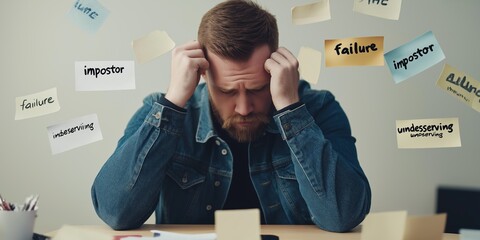 A frustrated man sits at a desk with his head in his hands, surrounded by sticky notes labeled with words like “failure” and “impostor,” symbolizing anxiety and doubt, selective focus

