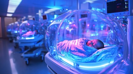 Neon-lit neonatal care unit with infants in incubators