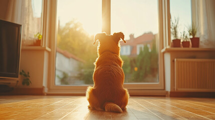 A dog sits by window, gazing at sunset, creating serene and warm atmosphere. sunlight casts beautiful glow, enhancing peaceful moment