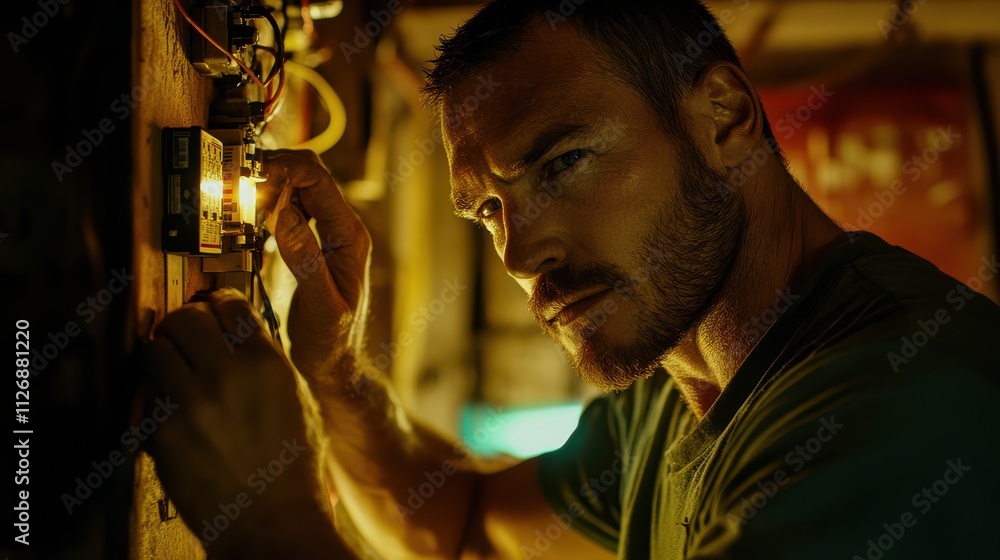 Poster intense electrician working on circuit board in dimly lit environment with focused expression and in