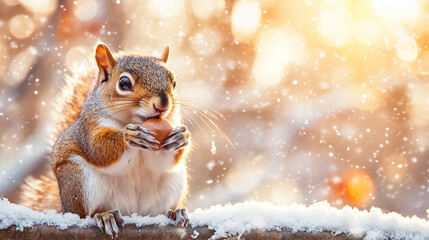 squirrel perched on a frosty branch in winter, holding a nut. Capturing nature's resilience, the image symbolizes preparation, survival, and the beauty of wildlife