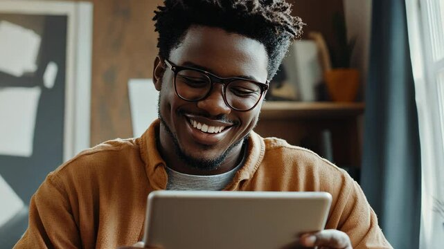Smiling black man using digital tablet at home office reviewing data on his ipad in an office