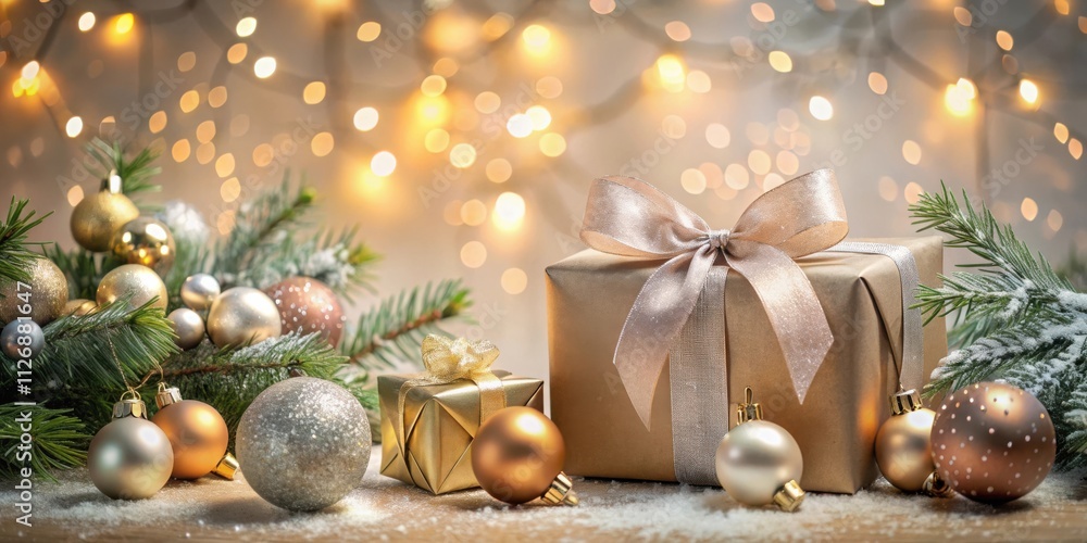 Poster festive christmas ornament display with gift wrapped in brown paper and a delicate gold ribbon again