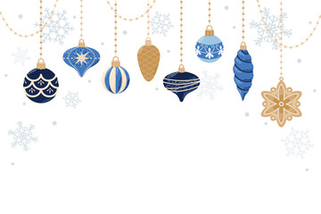 Cute hanging decorations, Christmas template for card and banner. Vector illustration in flat cartoon style