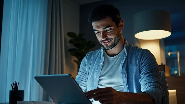 Smiling man using digital tablet at home office reviewing data on his ipad in an office