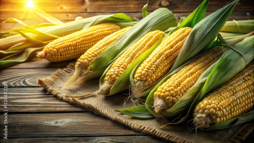 Poster freshly harvested corn cobs with their husks still intact, arranged on a rustic wooden surface, bath