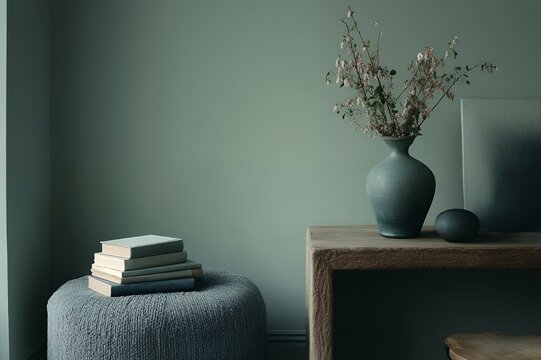 Cozy corner with books and a vase in a softly lit room