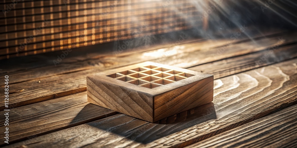 Aufkleber a wooden box with a grid of compartments sits on a plank of rustic wood, bathed in warm light.