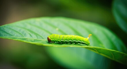 Obraz premium Vibrant green caterpillar on lush leaf in nature