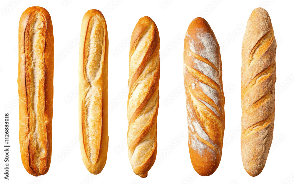 Poster five different types of bread are shown, with one being a baguette isolated on transparent or white 