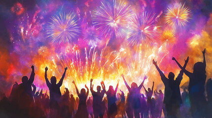 Fototapeta premium New Year Festival Scene with Performers Beneath Radiant Fireworks